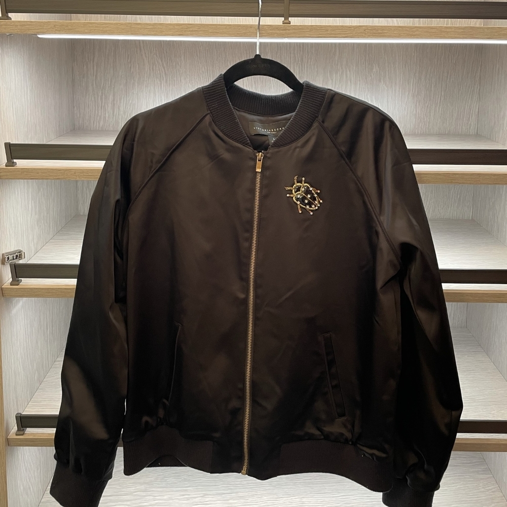 Victoria Beckham Women's Black Satin Embellished Bug Bomber Jacket